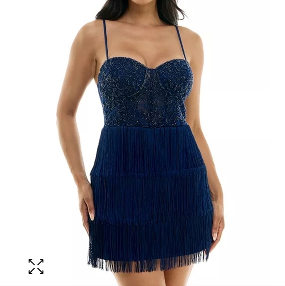 NWT B Darlin beaded corset fringe mini dress in slim blue Size 1/2 - Picture 1 of 8